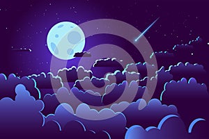 Starry night sky with moon and clouds illustration vector. Full moon above the clouds among stars with shooting star