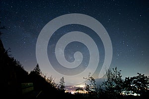 Starry night sky over the active city at night with trees and bushes in the foreground