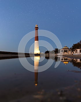 Starry night sky over the Barnegat Lighthouse on the Jersey shore.