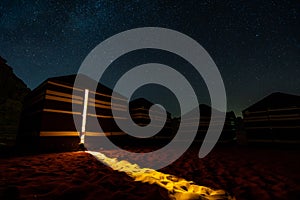 Starry night sky over the desert camp in Wadi Rum, Jordan