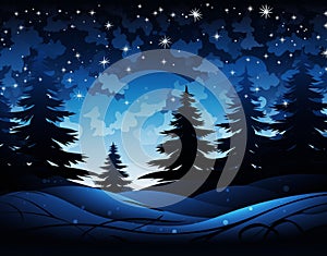 Starry Night Sky over Snowy Christmas Trees