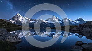 Starry Night Sky Over Snowy Mountain Lake Reflection