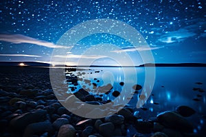 Starry Night Sky Reflecting On Calm Lake With Rocky Shoreline. Generative AI
