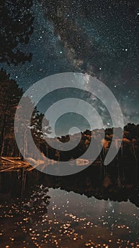 Starry night sky reflection in a forest lake