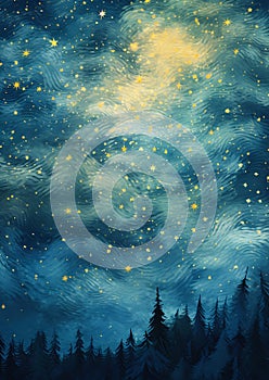 Starry Night Sky with Stars and Trees Illustration by Young Abst