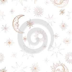 Starry Night Sky Trendy Seamless Pattern, Vintage Celestial Hand drawn Background Template of Galaxy, Space, Moon photo