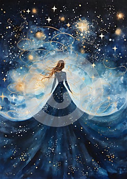 Starry Night Soiree: A Woman\'s Blue Dress Dances Among Twinkling