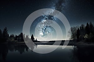 Starry Night: A Spectacular Display of the Milky Way Over a Tranquil Lake, ai generative