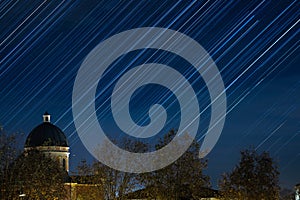 Starry night star trails view in Boretto, Emilia Romagna, Italy