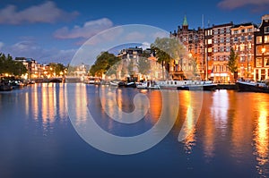 Starry night, tranquil canal scene, Amsterdam, Holland