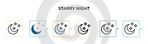 Starry night vector icon in 6 different modern styles. Black, two colored starry night icons designed in filled, outline, line and