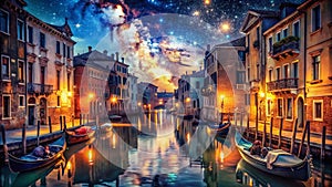 Starry Night Venice A Double Exposure Masterpiece Capturing Gondolas and Canals Under a Celestial Tapestry