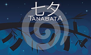 Starry Night View of Tanabata with Bamboo and Tanzaku Papers, Vector Illustration