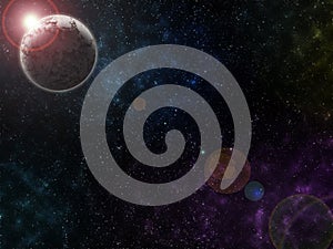 Starry outer space background texture. The sun is behind the dead planet.