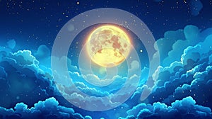 Starry outer space with glowing planet, clouds and full moon in the night sky. Modern illustration of a full moon in the