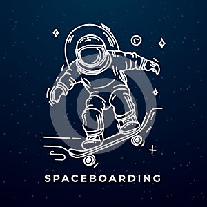 Starry Skateboarder. Futuristic Astronaut on Skateboard. Line drawing of astronaut riding skateboard outer deep space