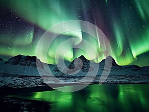 Starry sky with bright Northern lights over mountains at night. Polar landscape with Aurora borealis