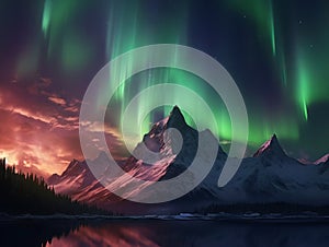 Starry sky with bright Northern lights over mountains at night. Polar landscape with Aurora borealis