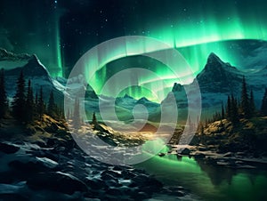 Starry sky with bright Northern lights over mountains at night. Polar landscape with Aurora borealis