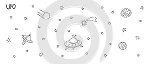 Starry sky with Cosmic objects set. Black outline elements on white background. Hand drawn doodles. Ufo, planets, flying saucer,