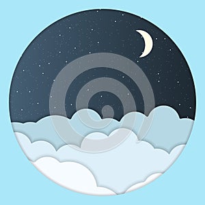 Starry sky and crescent moon, paper vector illustration in origami style