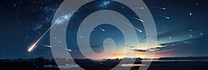 Starry Sky With Falling Meteorites, Panoramic Background. Generative AI