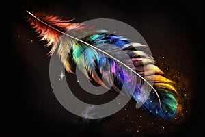 Starry Sky Feather: Colorful Plume Against a Black Background. AI