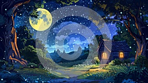 Starry sky with full moon on summer night. Mystery light from gnome home window. Fairytale cottage in midnight darkness