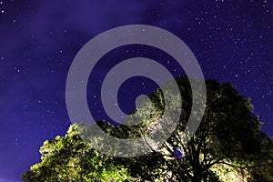 Starry sky on the lake. Night landscape. Sky with clouds