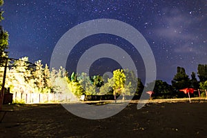 Starry sky on the lake. Night landscape. Sky with clouds. Kyrgyzstan, Lake Issyk-Kul