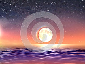 Starry sky moon stars sunset at sea blue,pink colorful summer night seascape city panorama night light reflection  nature