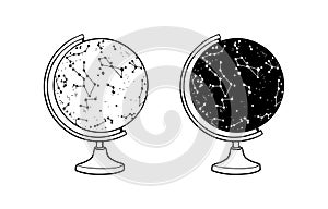 Starry Sky Night Map with Constellations on Globe. Education or science equipment. Vector illustration