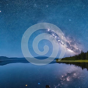 Starry sky reflected in lake. Constellations. Night with starry sky. Shining stars