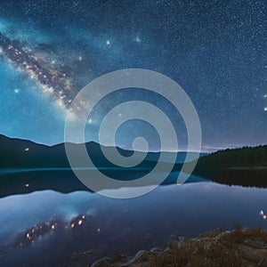 Starry sky reflected in lake. Constellations. Night with starry sky. Shining stars