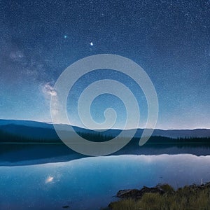 Starry sky reflected in lake. Constellations. Night with starry sky. Shining stars