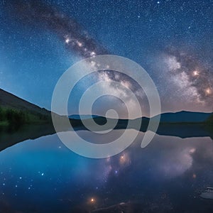 Starry sky reflected in lake. Constellations. Night with starry sky. Shining stars