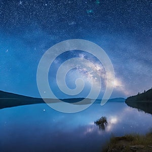 Starry sky reflected in lake. Constellations. Night with starry sky. Shining stars