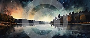 the starry sky is reflected in the lake watercolor Romantic watercolor landscape of amazing night