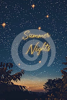 Starry sky with Summer Nights text and silhouette of trees