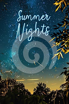 Starry sky with Summer Nights text and silhouette of trees