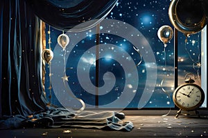 Starry sky through window in the room, Midnight on New Year\'s Eve, heartfelt moment