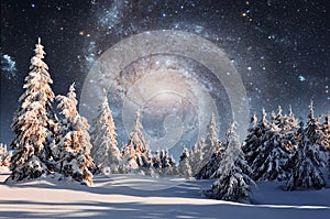 Starry sky in winter snowy night. Big milky way. Majestic landscape. Courtesy of NASA