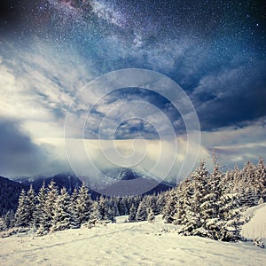 Starry sky in winter snowy night. Carpathians, Ukraine, Europe