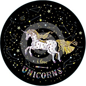 Starry unicorn inside black circle with galaxy. Vector illustration