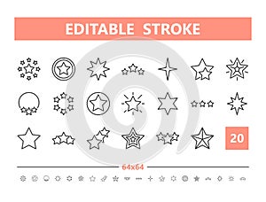 Stars 20 line icons. Vector illustration in line style. Editable Stroke, 64x64, 256x256, Pixel Perfect.