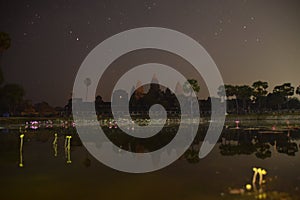 Stars above angkor wat at night, sunrise, sunset, lake, famus view of the temple