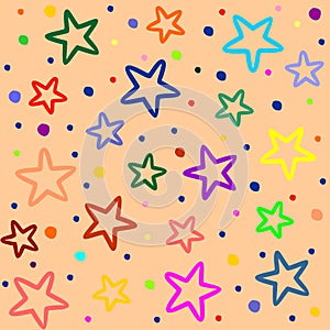 Stars on beige background. Background with multicolored stars. Night star sky