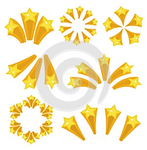 Stars burst icon set cartoon style. Yellow star explosion fireworks, flash isolated on white background. Vector