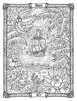 Stars card from the oracle Old Marine Lenormand deck with the ship and unknown island. Nautical vintage background, coloring book