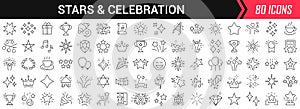 Stars and celebration linear icons in black. Big UI icons collection in a flat design. Thin outline signs pack. Big set of icons